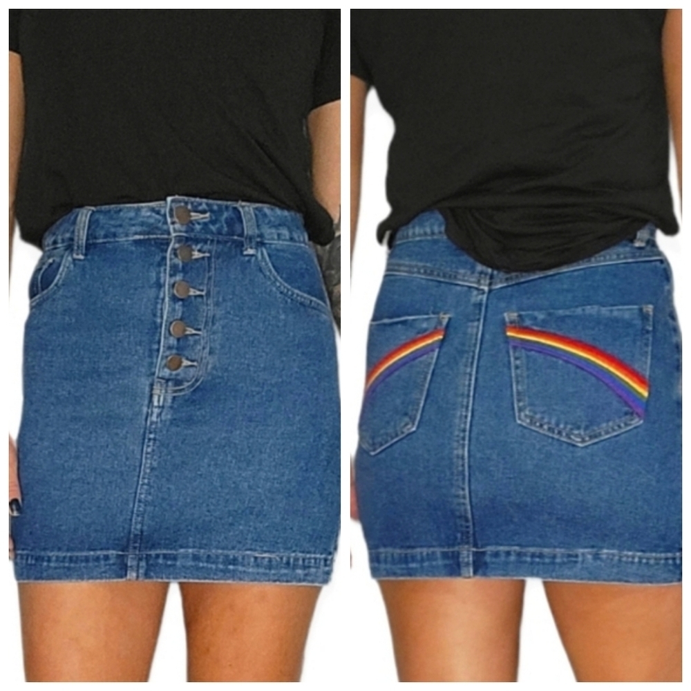 Forever 21 Button Up Rainbow Jean Skirt Small Blue